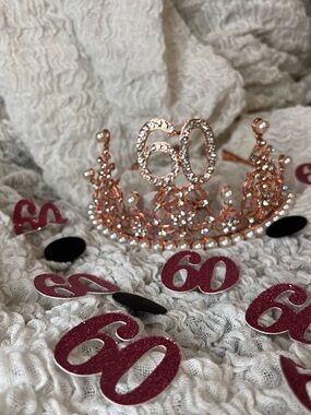 Rose Gold '60' Rhinestone Pearl Tiara Crown